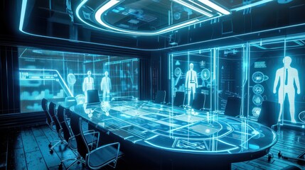futuristic virtual meeting room with interactive holograms of each participant, creating a 3D conference experience
