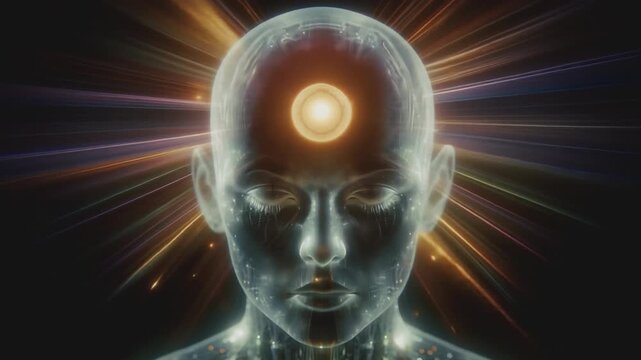 Cose-up, a meditating person's face is framed by glowing chakras, radiant auras, and flowing energy, set against a backdrop of the universe and stars, symbolizing cosmic connection and inner peace.