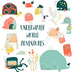 Cartoon big set of magic underwater world. Vector illustration