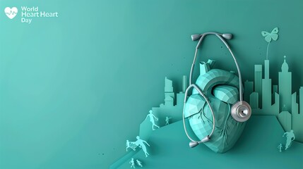 World Heart Day concept, heart with a stethoscope and many people in the city, paper illustration, and 3d paper.vector