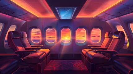 A luxurious first-class airplane cabin with spacious seats, ambient lighting, and large windows showing a sunset