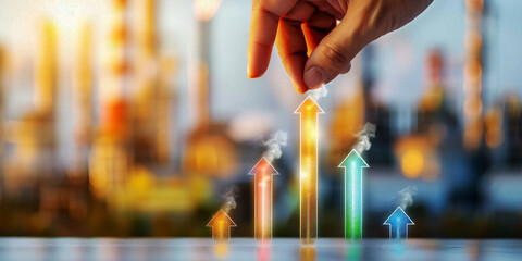 Scaling New Heights in Industry: A hand guides holographic arrows upwards, symbolizing growth and progress against an industrial backdrop. 