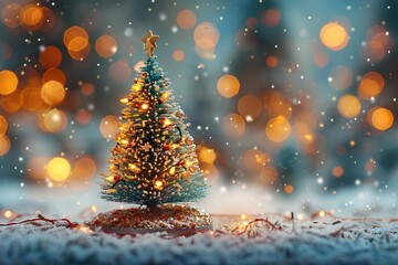 Tiny Snowy Christmas Tree Against a Festive Glow
