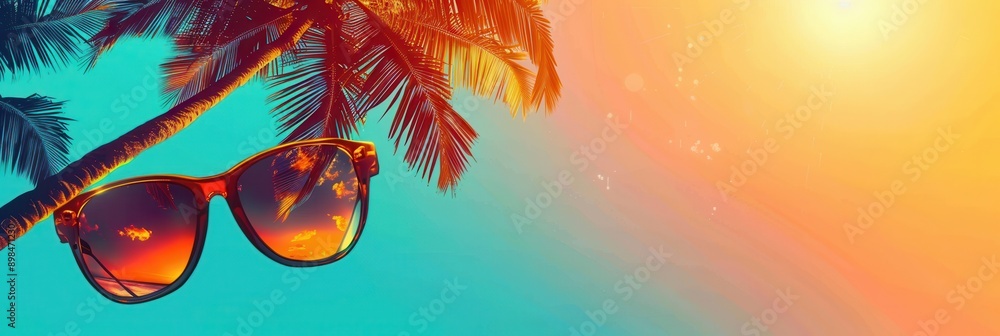 Poster a pair of sunglasses hangs from a palm tree branch, with the setting sun reflected in the lenses. ge