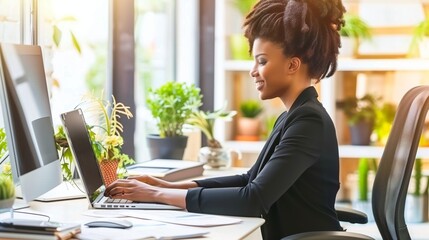 Afro African American Businesswoman Analysis Data Charts Confident Modern Workspace