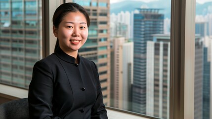 Chisene Businesswoman Posing High-Rise Office Cityscape Leadership Confident