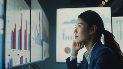 Businesswoman Analyzing Financial Data Monitors Market Trends Focused Confident