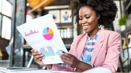 Confident Afro African American Businesswoman Data Charts Financial Analysis