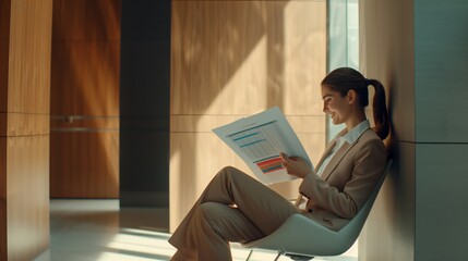 Businesswoman Reviewing Reports Sunlit Modern Office Leadership Relaxing