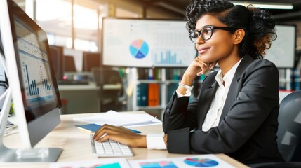 Black Afro American Businesswoman Data Analysis Computer Confident Sucess Corporate