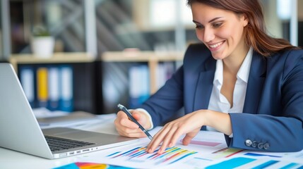 Confident Businesswoman Analyzing Financial Data Charts Modern Office Sucess