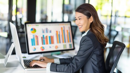 Smiling Asian Businesswoman Analyzing Charts Data Computer Modern Office Confident
