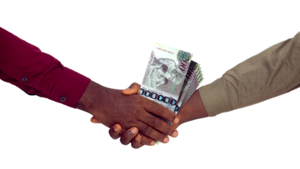 Two black hands in long sleeve shirts Shaking each other and Receiving Botswana pula notes over transparent Background

