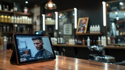 high-tech barber shop with virtual hairstyle try-ons and automated appointment scheduling on a sleek tablet