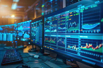 Artificial intelligence analyzing big data on multiple screens with colorful graphs