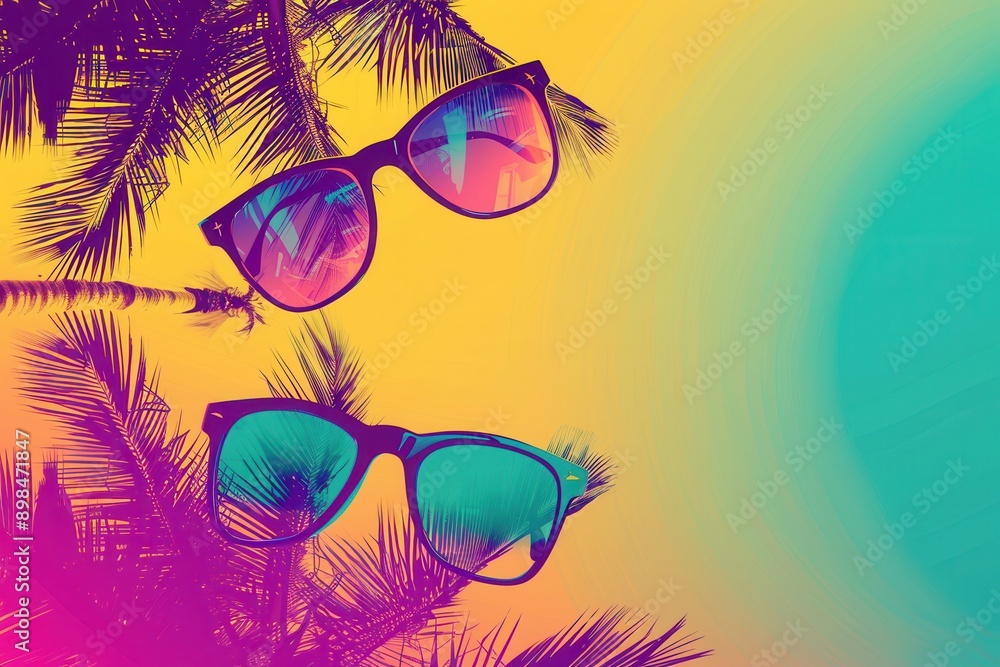 Poster two pairs of sunglasses with colorful reflections lie on a vibrant gradient background, partially ob