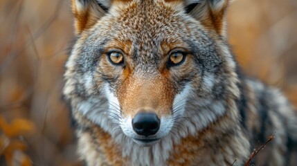 Fototapeta premium Wild coyote is staring directly at the viewer with intense yellow eyes while standing in the forest