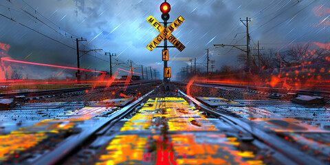 Perilous Crossing: A railroad crossing sign, warning of the dangers of a nearby bend in the tracks.
