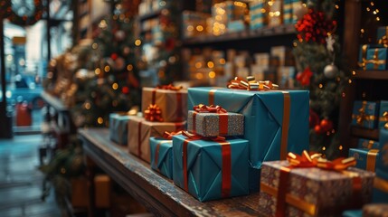 A festive display of beautifully wrapped presents with bows and ribbons on a wooden table, set against a background of holiday decorations in a cozy shop