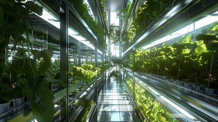 A view down the aisle of a vertical farm, showing shelves of plants growing under artificial light.