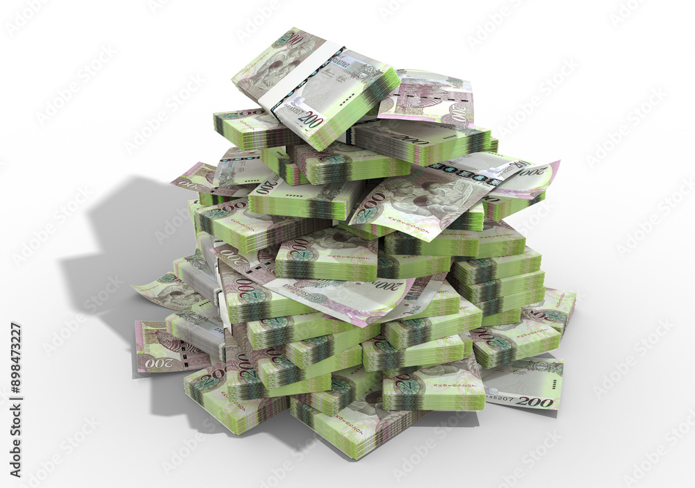 Poster 3d rendering of stacks of botswanan pula notes. bundles of botswana currency bills isolated on trans