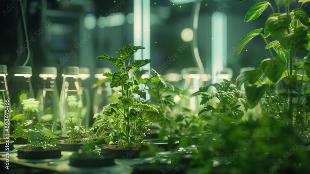 Poster a close-up of several plants growing under artificial light in a controlled environment. the plants 