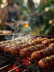 Hot sausage with spices on grill with fire in summer in garden