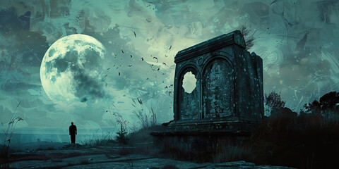 Ominous Chill of the Night: A lone figure stands by a weathered tomb, as the full moon casts an eerie glow.
