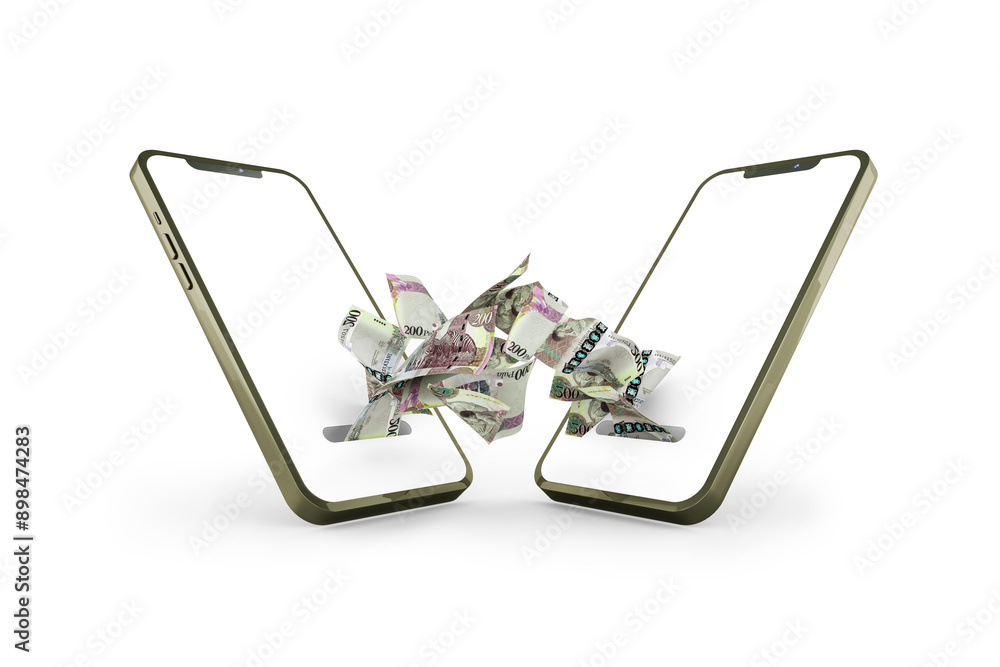 Poster sending and receiving botswanan pula notes from one mobile phone to another. online money transfer c