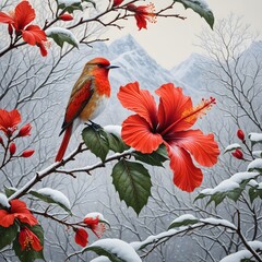 red and yellow flowers, Bird Sitting On Branch, Red Flower With Bird, 