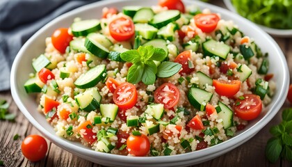 Healthy Organic Quinoa Tabouli Salad with Tomato and Cucumber
