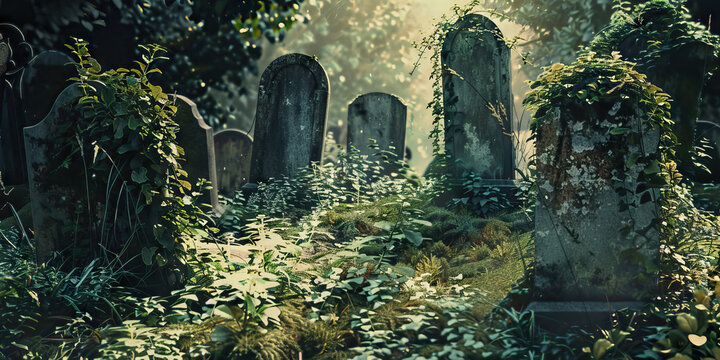 Forgotten Souls of the Graveyard: Tombstones jutting out from the earth, overgrown with ivy and moss.