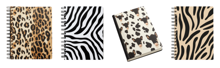 Set of animal pattern print cover notebooks. Wildlife/ safari themed stationery.