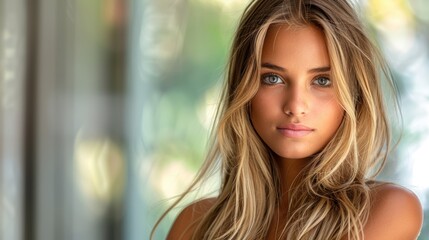 A captivating portrait of a young woman with long blonde wavy hair standing before a blurred background of abstract natural colors, exuding quiet confidence and serene beauty