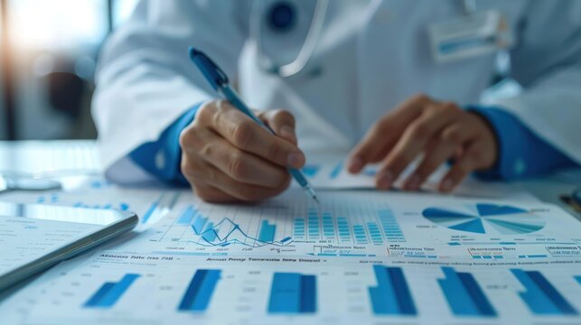 Close-up of a doctor analyzing medical charts and graphs for healthcare data analytics purposes. 