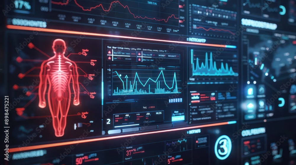 Poster healthcare data analytics dashboard showing vital signs and patient statistics in real-time.