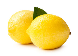 Front view of yellow lemon fruits in stack isolated on white background with clipping path