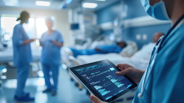 Medical professionals discussing patient data analytics on a digital tablet in a hospital setting. Stock photo --ar 16:9 --style raw Job ID: 1e0b5e4a-260c-4363-9bae-fba5cabef8bb