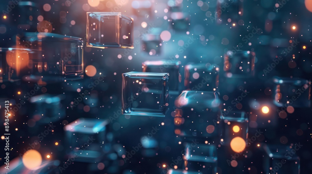 Poster surreal composition of floating data cubes and abstract shapes symbolizing complexity in data analyt