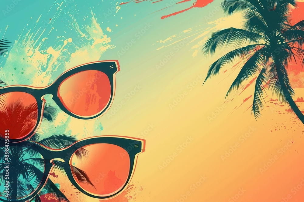 Aufkleber two pairs of sunglasses with orange lenses are positioned over a silhouette of a palm tree against a