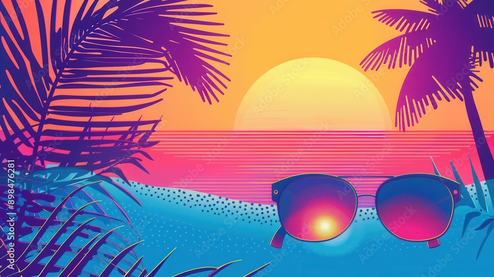 Aufkleber a pair of sunglasses lie on a beach with a bright sunset in the background, palm trees silhouetted a
