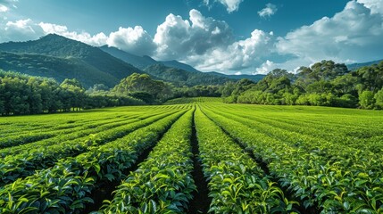 A vibrant and lush agricultural field with rows of green crops set against a backdrop of picturesque mountains under a partly cloudy sky