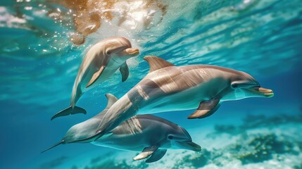 Dolphins swimming gracefully underwater, their sleek bodies gliding through the clear blue ocean. The sunlight filtering through the water enhances the beauty of this aquatic scene.