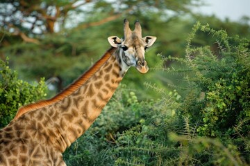 Obraz premium a giraffe gracefully browsing on leaves in a serene, sunlit savanna. Great for wildlife conservation campaigns and decorative wall art.
