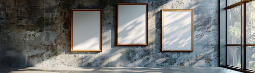 Empty frames hanging on a rustic stone wall in a bright, modern room with sunlight streaming through large windows casting shadows on the wall.