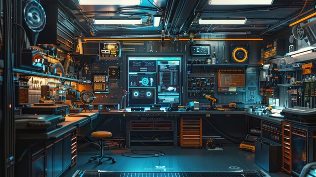 high-tech garage converted into a virtual workshop space, with tools replaced by digital interfaces