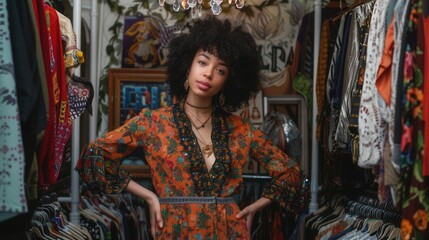 Obraz premium A woman stands in a closet with clothing hanging on racks. She is wearing a floral patterned dress and has an afro. Generative AI