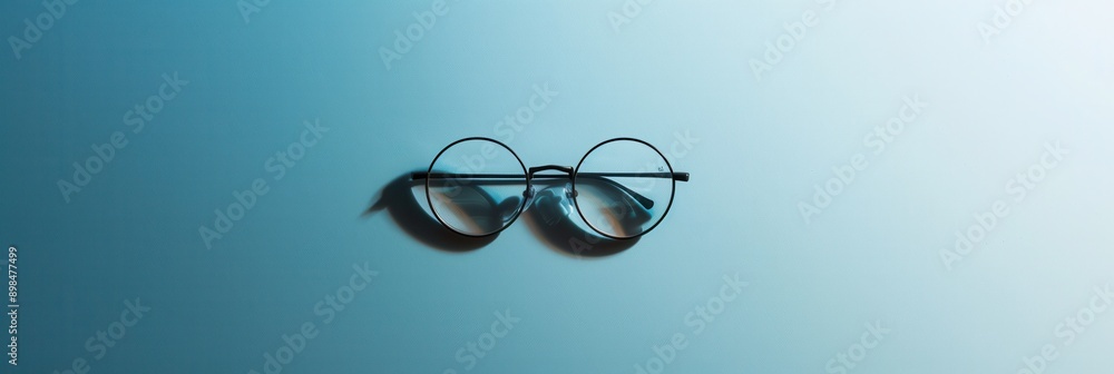 Aufkleber A pair of black, round eyeglasses lies on a light blue surface. The eyeglasses cast a soft shadow and are illuminated by soft, ambient light. Generative AI