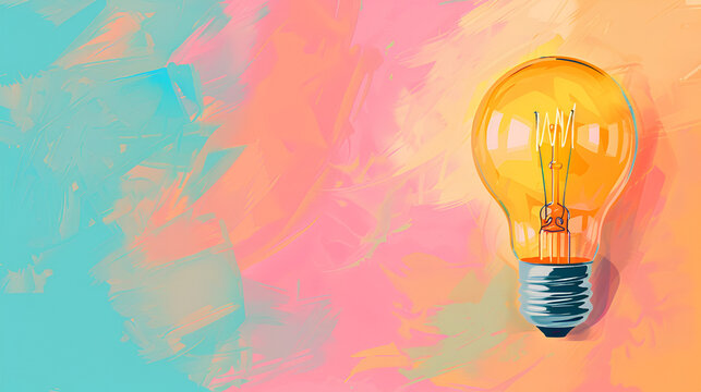 un foco encendido representando una idea sobre un fondo colorido de pintura de acr&iacute;lico el fondo tiene espacio para copiar bombilla de ideas para gestionar