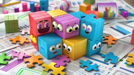 3D clip art illustration of colorful Jigsaw Puzzle blocks with different facial expressions, set against a backdrop of a busy office
